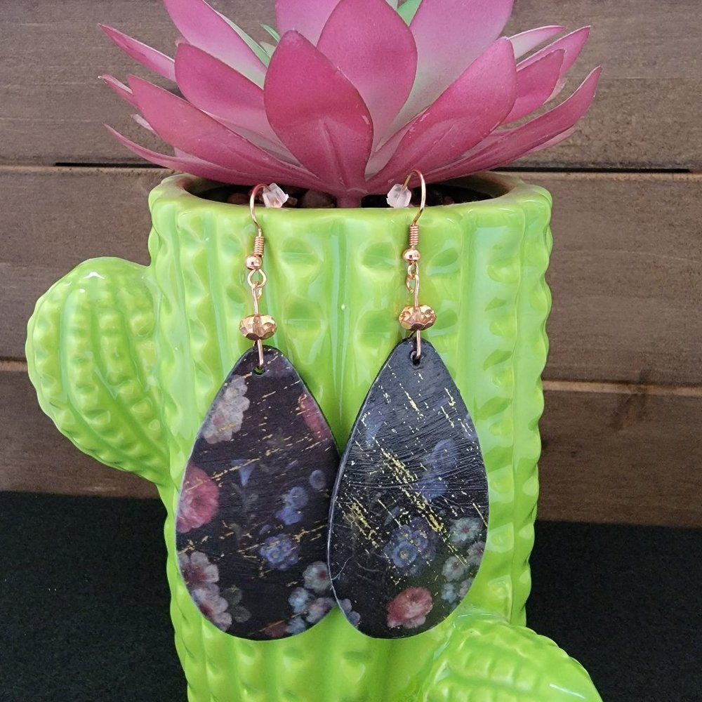 Teardrop Floral Wood Earrings - Lightweight Hand Crafted Wearable Art